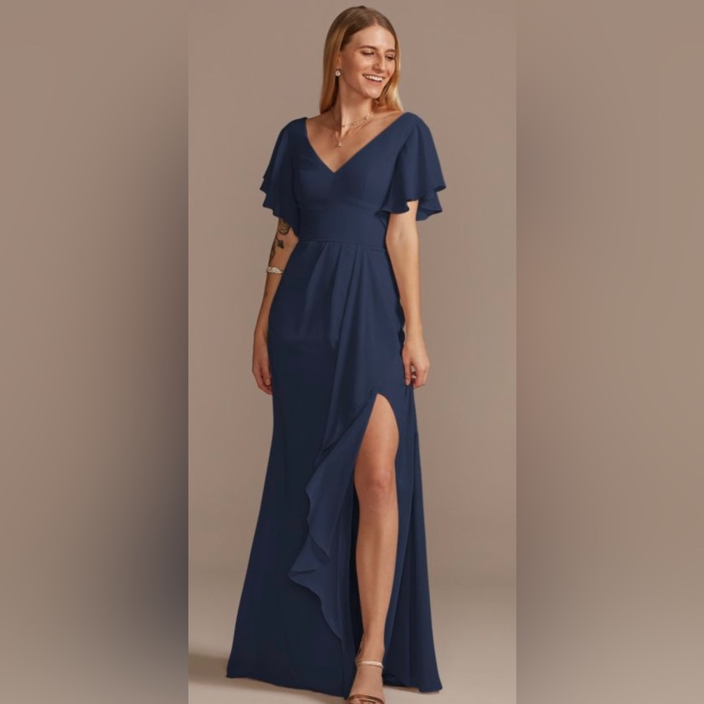 Bridesmaid dress with flutter sleeves and cascade